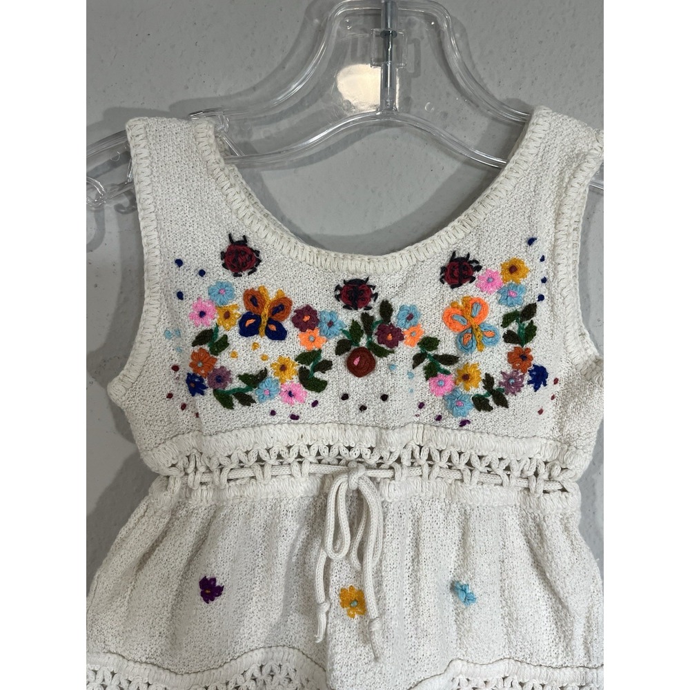 Peruvian Embroidered Dress Baby 12M White Floral Sleeveless Folk Cottagecore